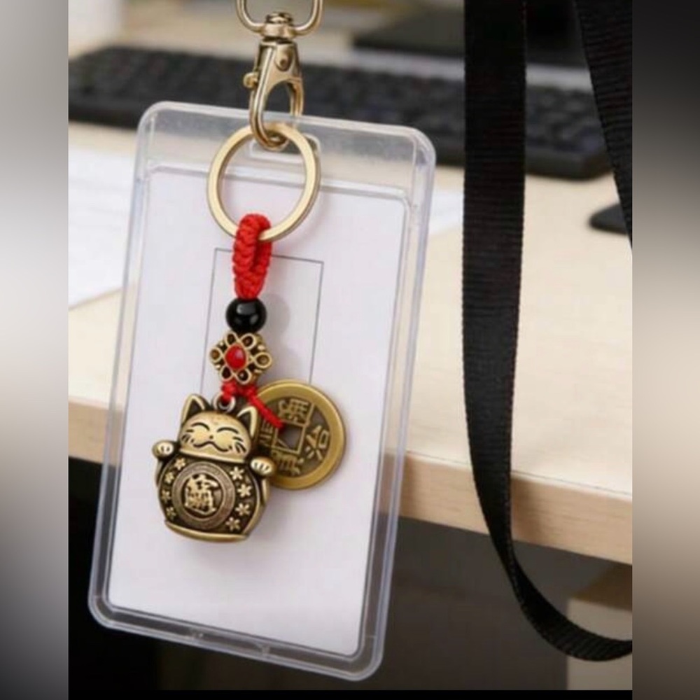 Vintage Copper Lucky Cat Keychain With Five Emperors Coins – Wealth-Feng Shui - Picture 2 of 4